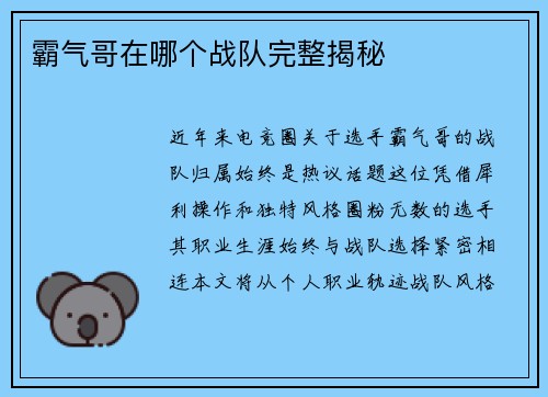 霸气哥在哪个战队完整揭秘